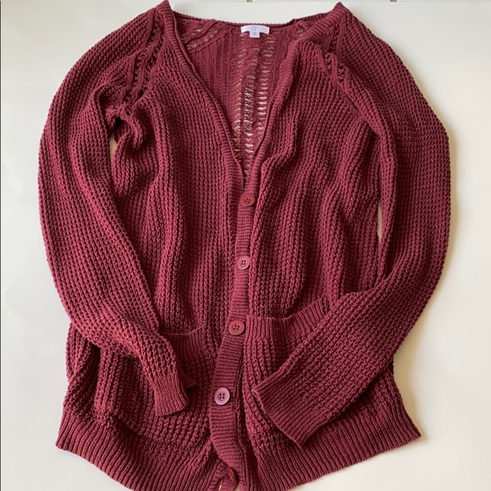 BP Xs burgundy cardigan.